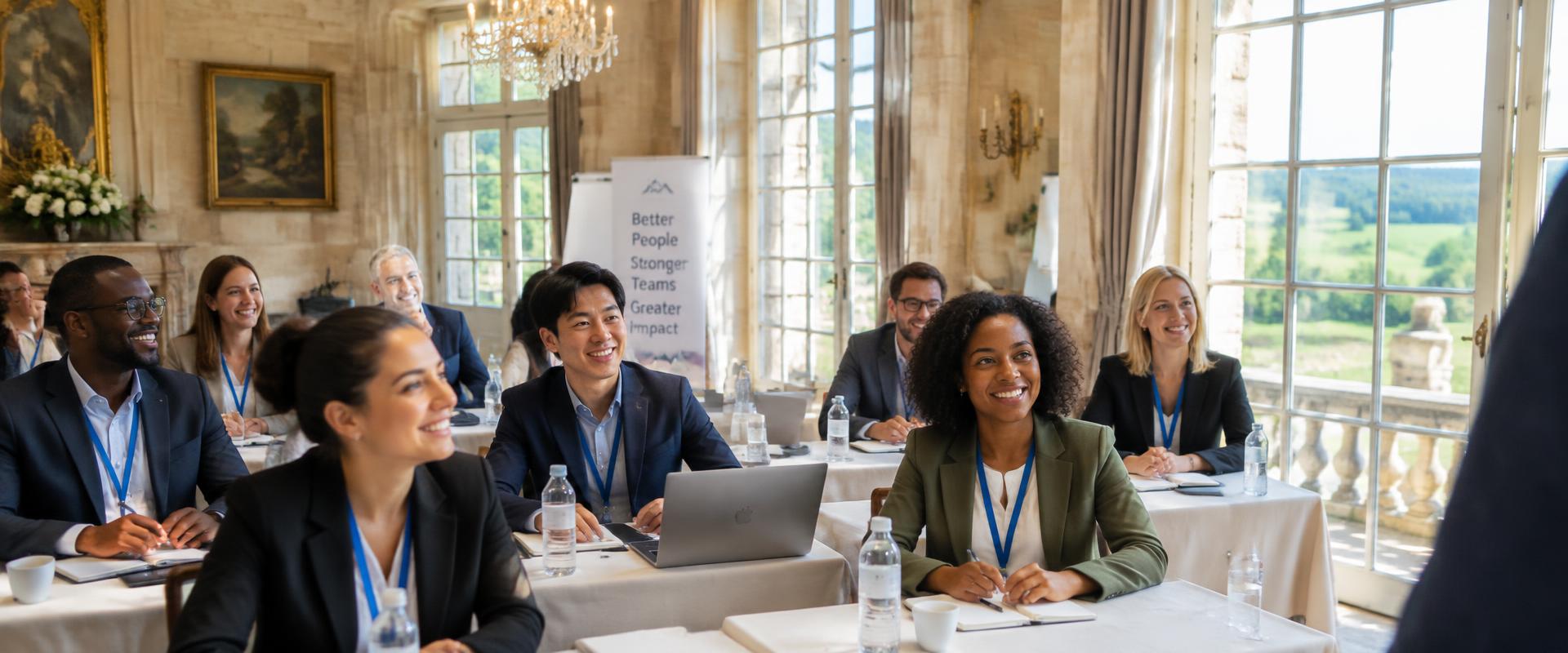 Équipe réunie lors d'un séminaire d'entreprise dans un château